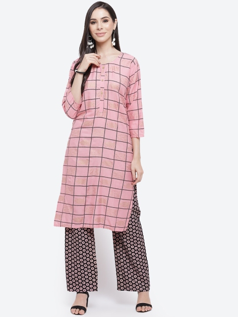 

Kurti's by Menka Women Pink Checked Viscose Rayon Kurti with Palazzos