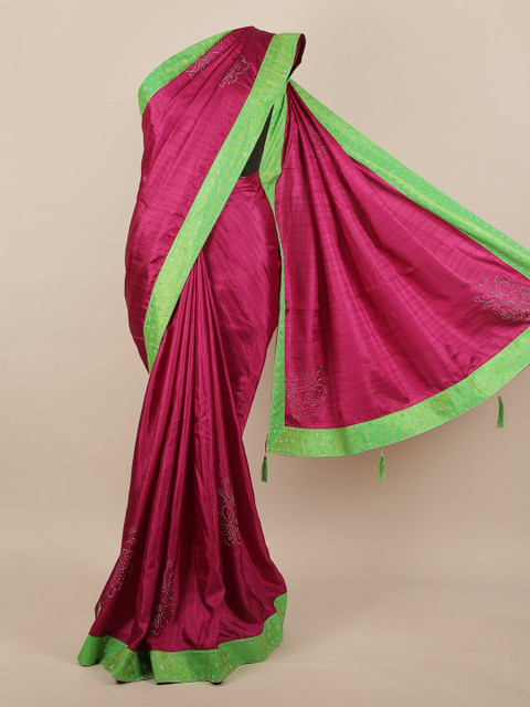 

Pothys Pink & Green Embellished Beads and Stones Jute Silk Saree