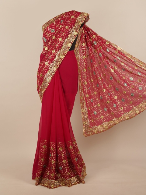

Pothys Red & Gold-Toned Embellished Beads and Stones Saree