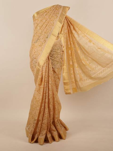

Pothys Beige & Gold-Coloured Floral Brasso Printed Jute Silk Saree