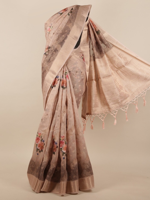 

Pothys Beige & Pink Floral Printed Jute Silk Saree