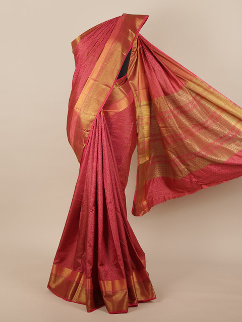 

Pothys Coral Pink & Gold-Coloured Ethnic Motifs Zari Woven Design Jute Silk Saree