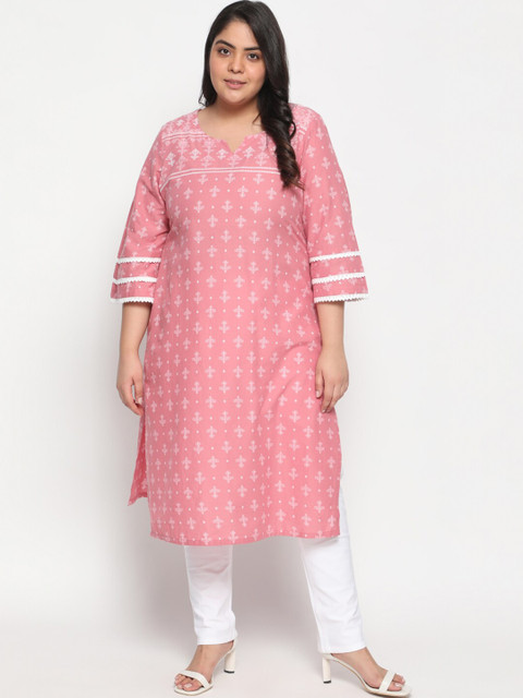

Amydus Plus Size Women Pink & Off White Ethnic Motifs Printed Pure Cotton Kurta