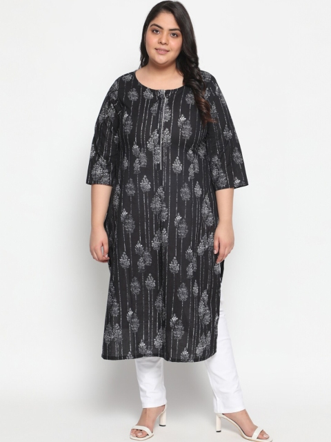 

Amydus Women Plus Size Black & White Ethnic Motifs Printed Pure Cotton Kurta