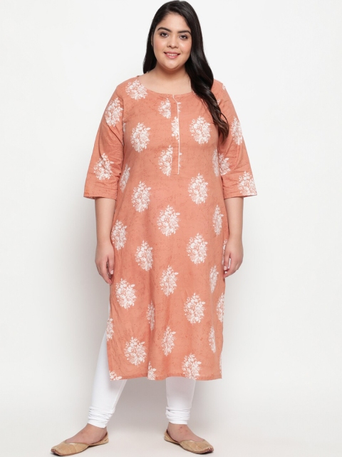 

Amydus Plus Size Women Orange & Off White Ethnic Motifs Printed Pure Cotton Kurta