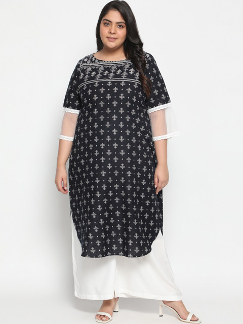 

Amydus Plus Size Women Black & Off White Ethnic Motifs Printed Kurta