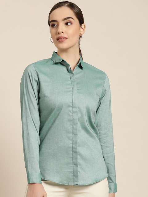 

Hancock Women Green Cotton Solid Slim Fit Formal Shirt