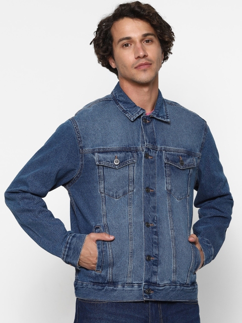 

FOREVER 21 Men Blue Washed Denim Jacket with Patchwork