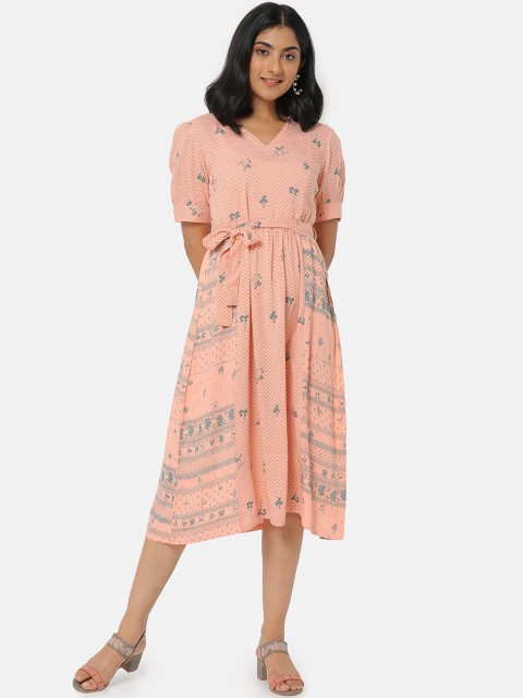 

Saaki Women Peach-Coloured & Green Floral Midi Dress
