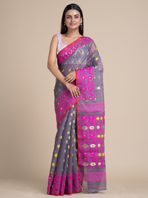

Mitera Grey & Pink Floral Silk Cotton Jamdani Saree