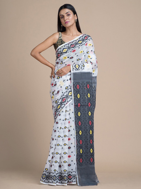 

Mitera White & Grey Ethnic Motifs Woven Design Handloom Silk Cotton Jamdani Saree