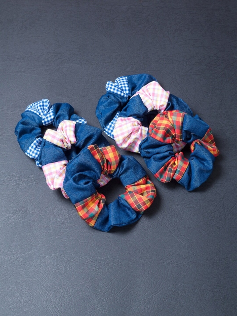 

Golden Peacock Women Multicoloured Set of 6 Printed Check Denim Ponytail Holders, Multi