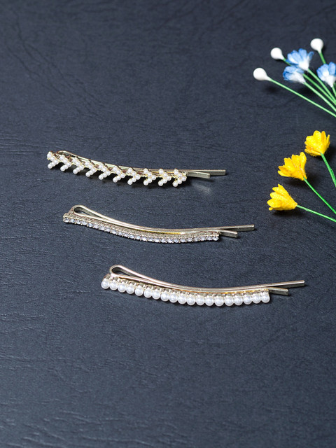 

Golden Peacock Women Gold-Toned & White Set of 3 Embellished Bobby Pins