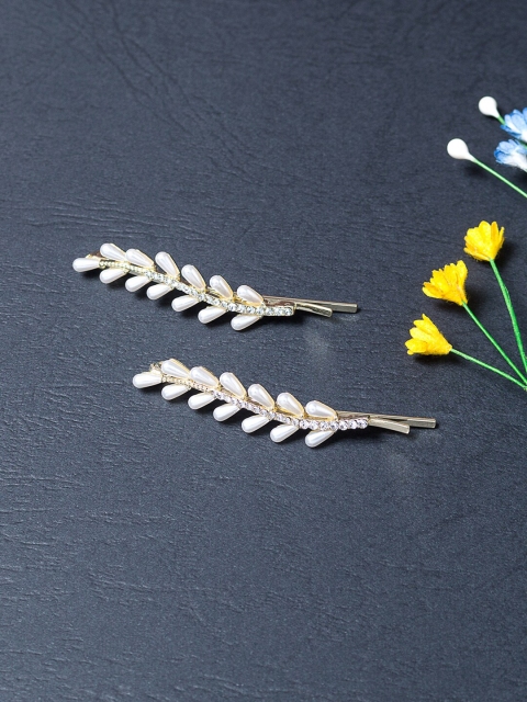 

Golden Peacock Women Gold-Toned & White Set of 2 Embellished Bobby Pins