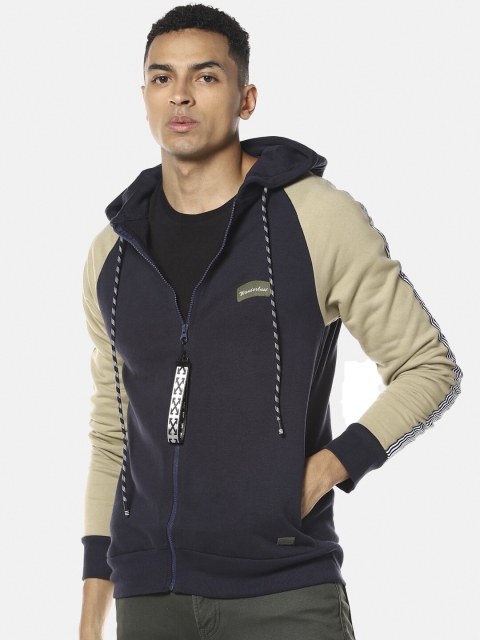 

Campus Sutra Men Blue & Olive Green Hooded Sweatshirt