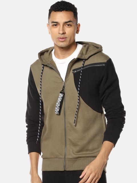 

Campus Sutra Men Olive Green & Black Colourblocked Hooded Sweatshirt