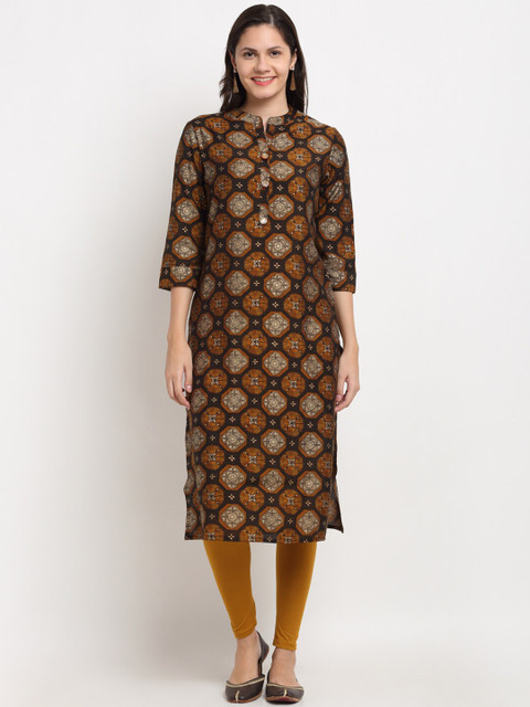 

Ardozaa Women Brown & Orange Ethnic Motifs Foil Print Chanderi Silk Kurta