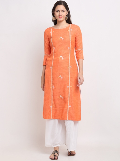 

Ardozaa Women Orange & White Embroidered Cotton Slub Kurta