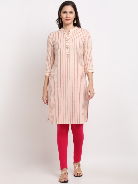 

Ardozaa Women Off White & Pink Striped Cotton Slub Kurta