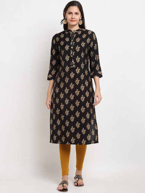 

Ardozaa Women Black & Beige Ethnic Motifs Foil Print Zari Work Chanderi Silk Kurta