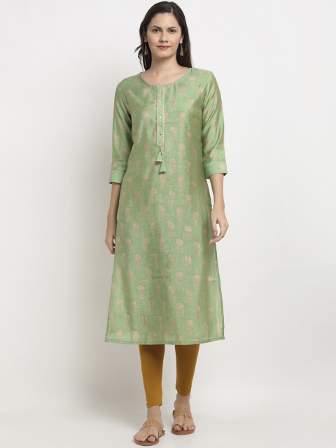 

Ardozaa Women Green & Beige Ethnic Motifs Printed Zari Work Chanderi Silk Kurta
