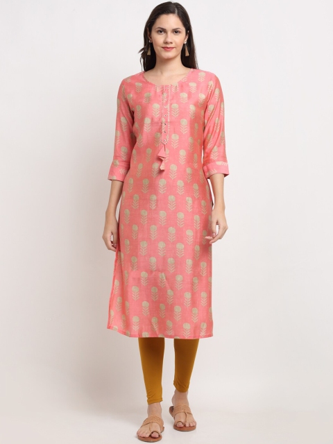 

Ardozaa Women Peach-Coloured & Gold-Toned Printed Zari Work Chanderi Silk Kurta