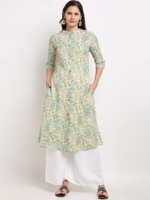 

Ardozaa Women Lime Green & White Ethnic Motifs Screen Print Cotton Slub Kurta
