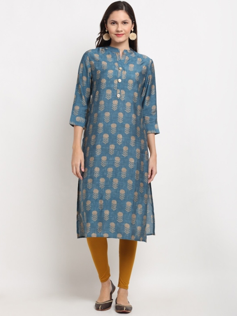 

Ardozaa Women Blue & Gold-Toned Ethnic Motifs Printed Chanderi Silk Kurta