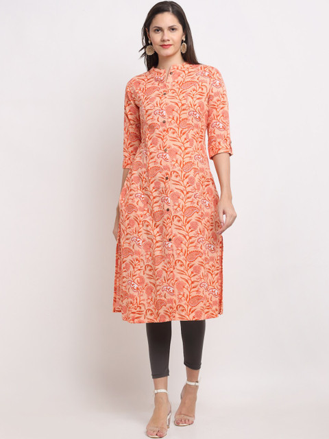 

Ardozaa Women Peach-Coloured & White Paisley Screen Print Cotton Slub Kurta