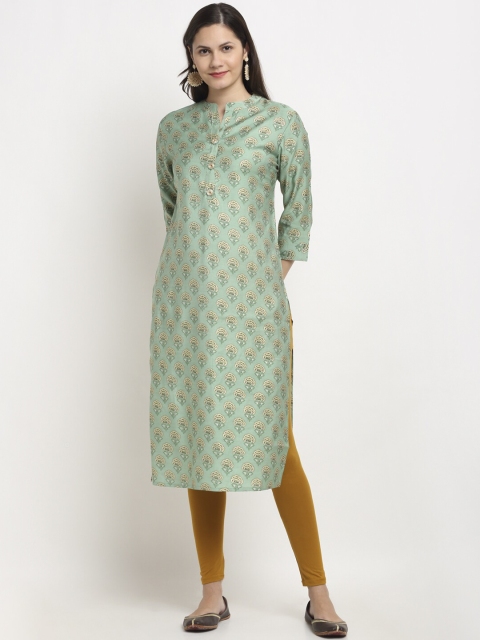 

Ardozaa Women Sea Green & White Floral Foil Print Chanderi Silk Kurta