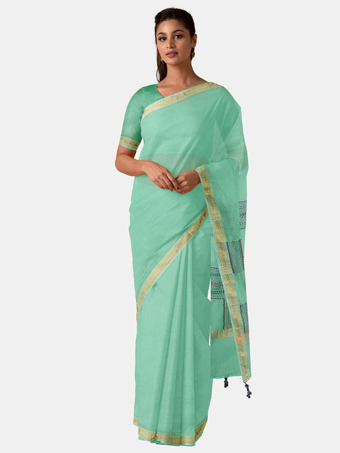 

Taneira Green & Gold-Toned Silk Cotton Saree
