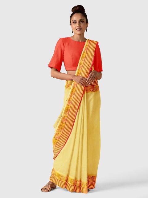 

Taneira Yellow & Red Pure Cotton Striped Border Saree