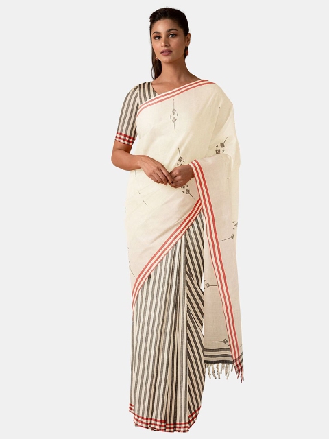 

Taneira Off White & Grey Striped Bihar Pure Cotton Saree