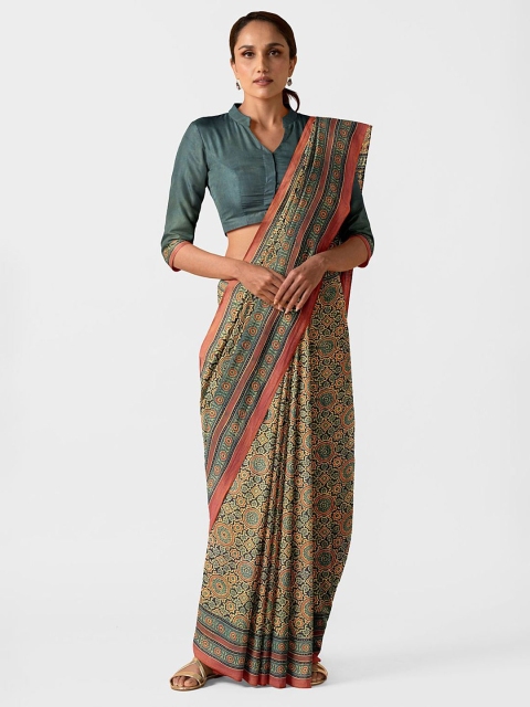 

Taneira Black & Yellow Ethnic Motifs Printed Pure Gujarat Cotton Saree