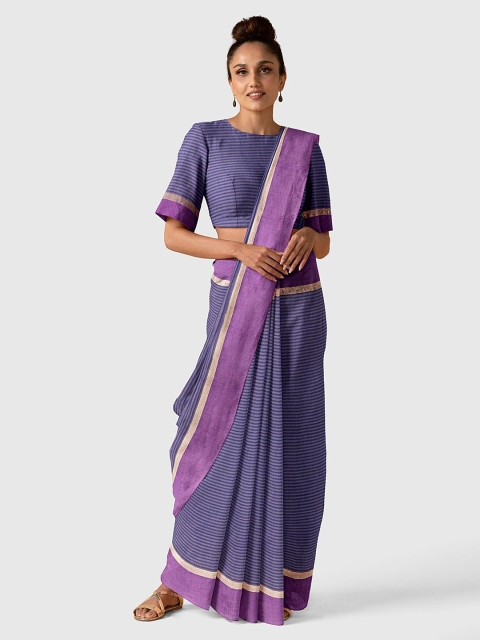 

Taneira Blue & Purple Striped Zari Pure Cotton Saree