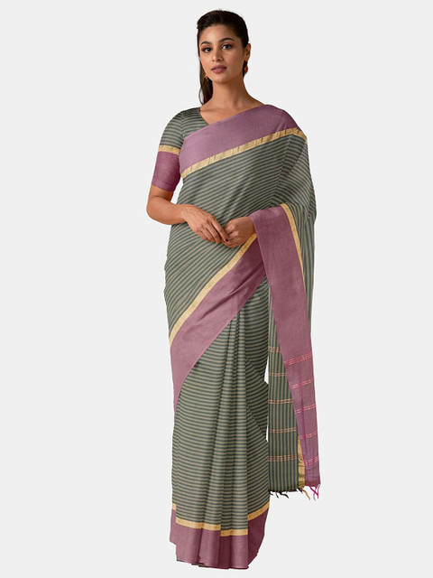 

Taneira Green & Pink Striped Pure Cotton Saree