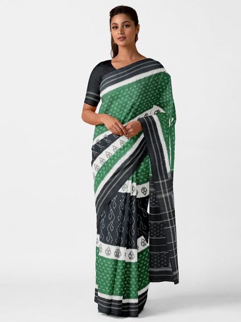 

Taneira Black & Green Printed Pure Cotton Pochampally Saree