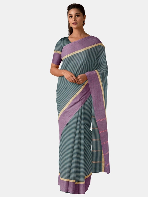 

Taneira Green & Purple Striped Pure Cotton Saree