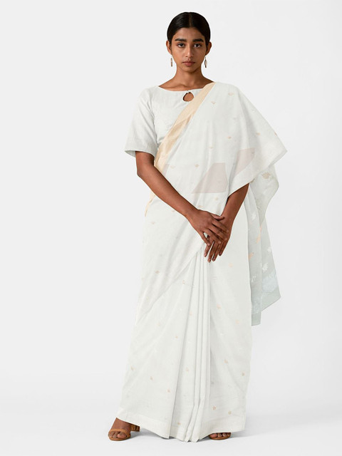 

Taneira White & Gold-Coloured Ethnic Motifs Woven Design Silk Cotton Chanderi Saree
