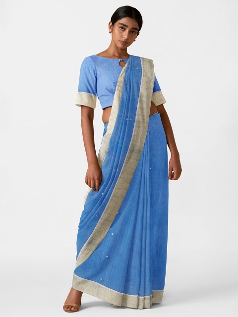 

Taneira Blue & Beige Floral Silk Cotton Chanderi Saree