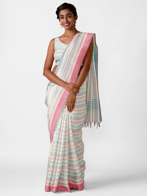 

Taneira Off White & Pink Striped Pure Silk Bhagalpuri Saree