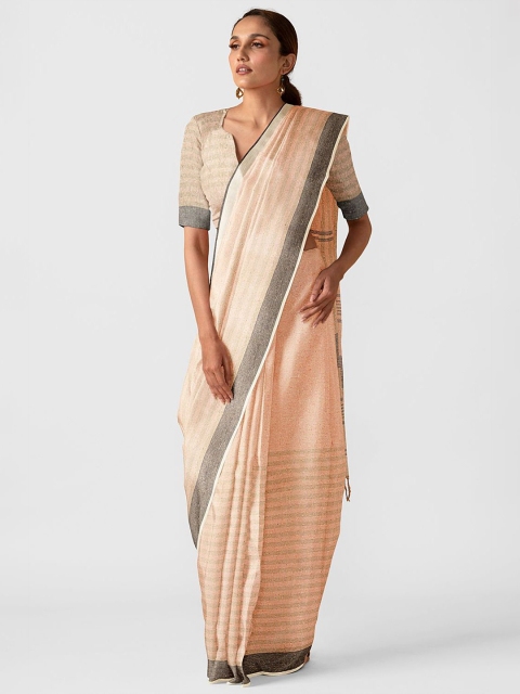 

Taneira Peach-Coloured & Grey Striped Pure Silk Bhagalpuri Saree