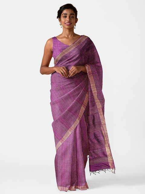

Taneira Violet & Beige Checked Pure Silk Bhagalpuri Saree
