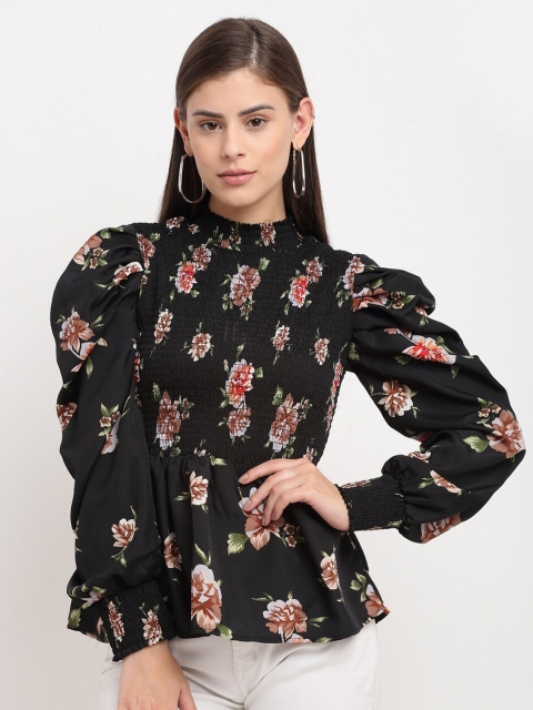 

emeros Black Floral Crepe Cinched Waist Top