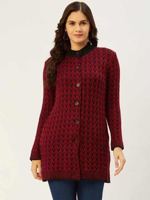 

American Eye Women Maroon & Black Self-Design Longline Cardigan