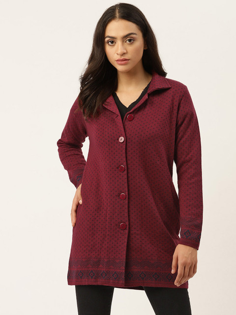 

American Eye Women Maroon & Navy Blue Geometric Woven Design Longline Cardigan