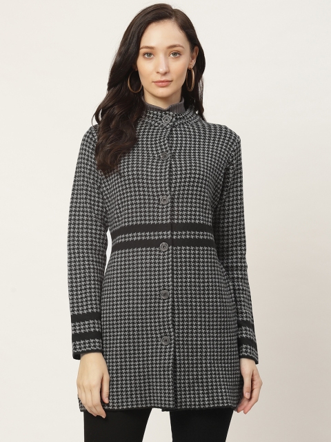 

American Eye Women Black & White Geometric Woven Design Longline Cardigan