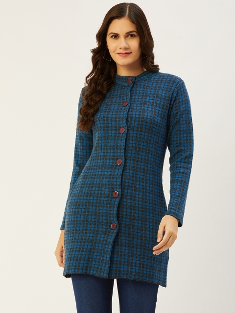 

American Eye Women Blue & Charcoal Grey Checked Longline Cardigan