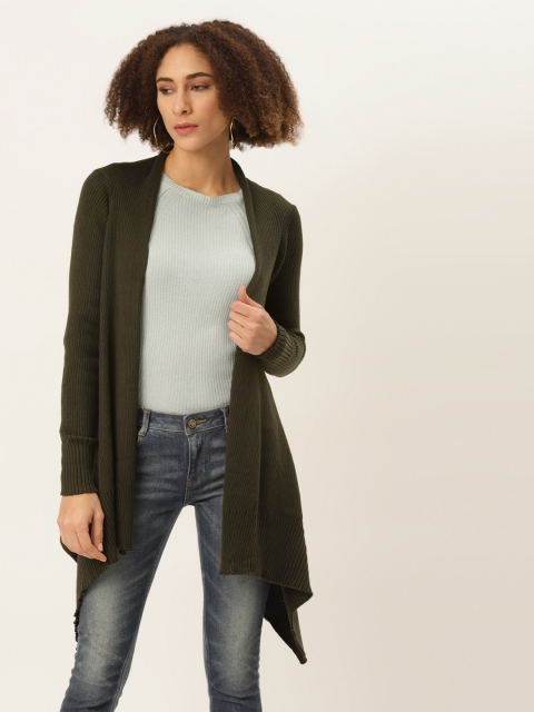 

American Eye Women Olive Green Ribbed Longline Open Front Shrug