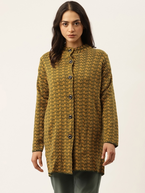 

American Eye Women Yellow & Green Geometric Woven Design Longline Cardigan